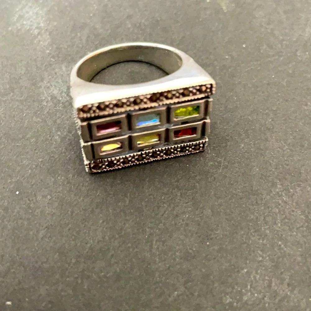 Vintage 925 Sterling Silver Marcasite Multi Gemstone Statement Ring